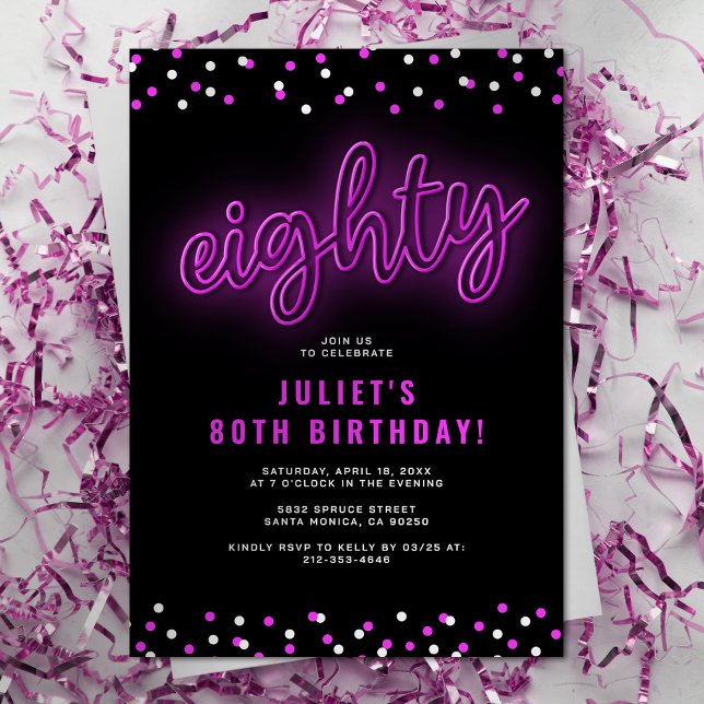 Adult Pink Neon 80th Birthday Party Invitation (Creator Uploaded)
