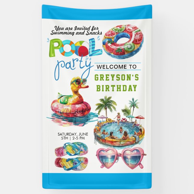 Adult Pool Party Summer Beach Birthday  Banner (Vertical)