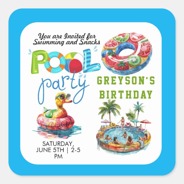 Adult Pool Party Summer Beach Birthday  Square Sticker (Front)