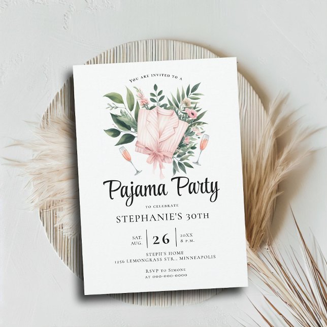 Adult Sleepover Party Wildflowers 30th Birthday Invitation (adult pajama party 30th birthday invitation slumber sleepover elegant wildflowers botanical chic)
