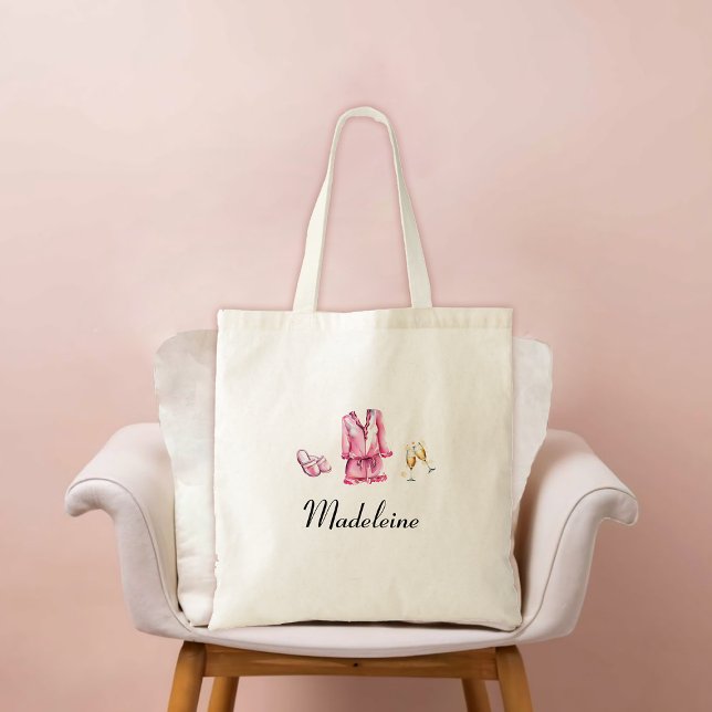 Adult Sleepover PJ Pajama Party Personalised Gift Tote Bag (bridesmaid gift bachelorette bridal birthday pj pajama slumber sleepover lingerie party watercolor)