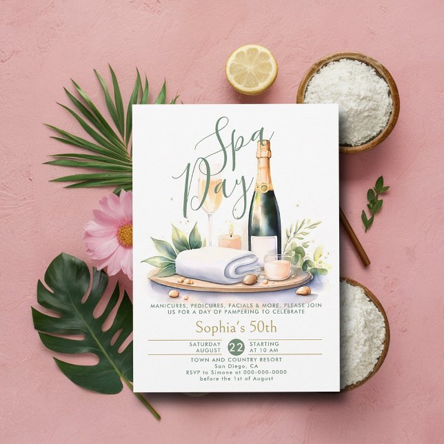 Adult Spa Day Party Watercolor Green 50th Birthday Invitation (50th birthday ideas adult spa party invitation elegant modern classy watercolor chic)