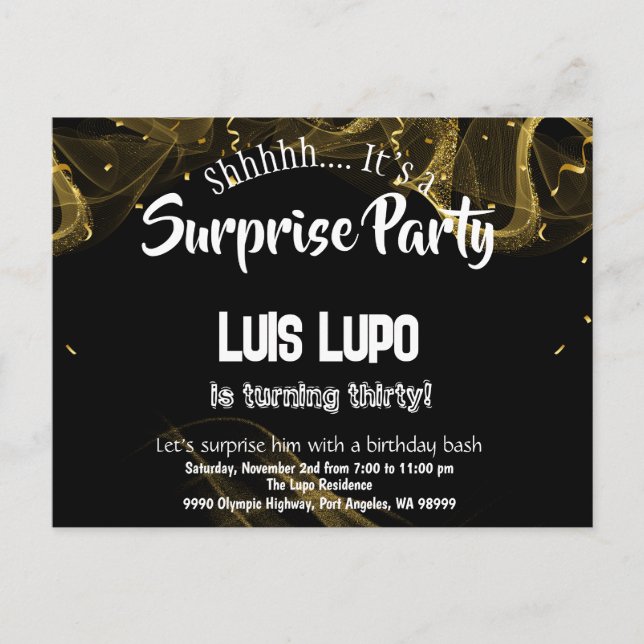 Adult Surprise Birthday Invitation PostCard Black (Front)