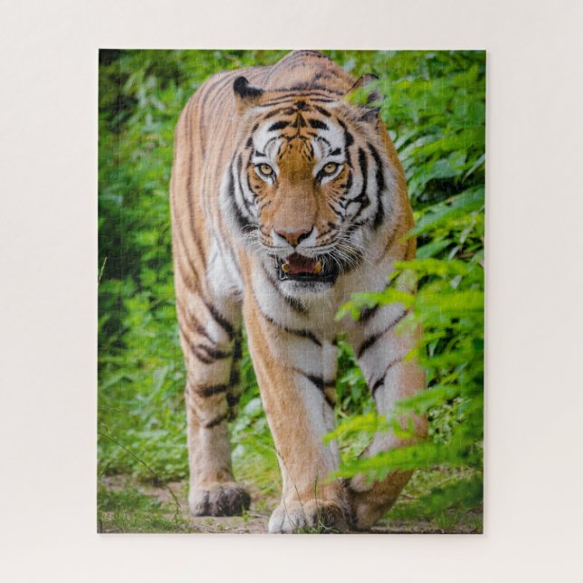Adult Tiger Prowling Among Bright Green Leaves Jigsaw Puzzle (Vertical)