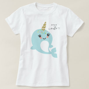 Adult Woman's Narwhal Gold Glitter Rainbow Stripes T-Shirt