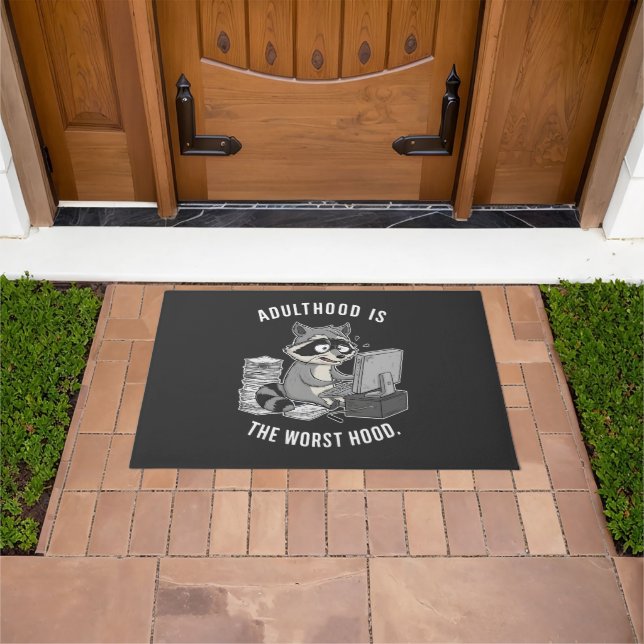 Adulthood is The worse Hood Funny Racoon Lovers Doormat (Outdoor)