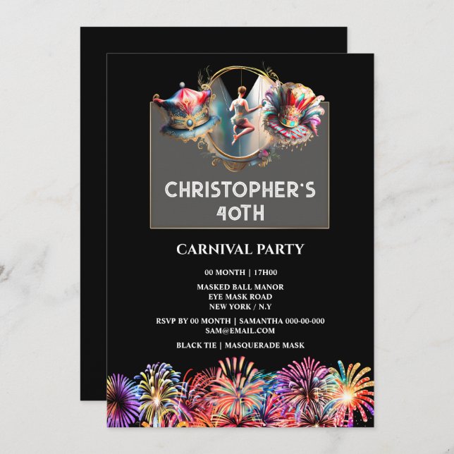 Adults circus carnival mad hatter fireworks party invitation (Front/Back)