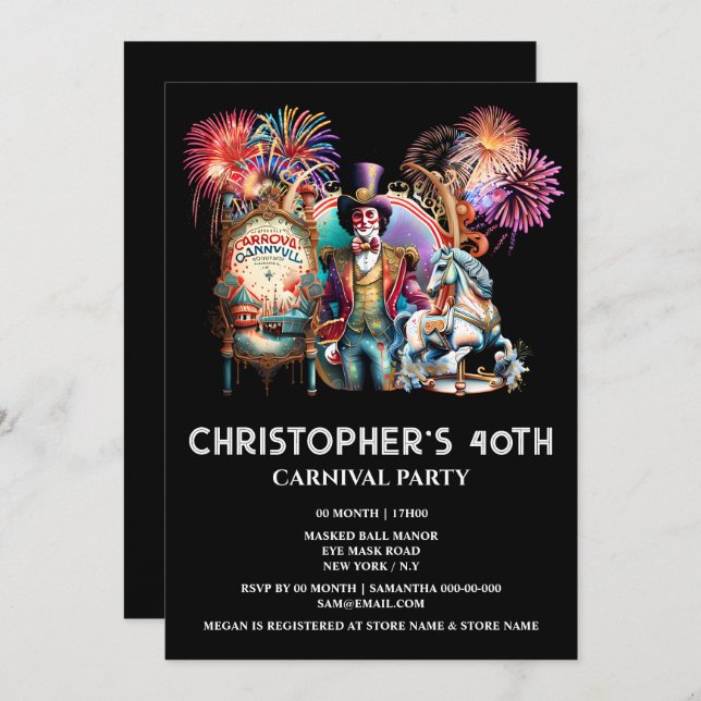 Adults circus carnival theme ringmaster carousel invitation (Front/Back)