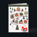 Advent Calendar Christmas Card<br><div class="desc">Creative holiday greeting card design featuring cartoon Santa racing through a Christmas village.</div>