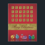 Advent Calendar Christmas Ornaments Holiday Postcard<br><div class="desc">Merry Christmas illustration featuring an advent calendar and colourful Christmas baubles on a red background.</div>