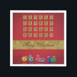 Advent Calendar Christmas Ornaments Napkin<br><div class="desc">Merry Christmas illustration featuring an advent calendar and colourful Christmas baubles on a red background.</div>