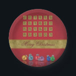 Advent Calendar Christmas Ornaments Paper Plate<br><div class="desc">Merry Christmas illustration featuring an advent calendar and colourful Christmas baubles on a red background.</div>