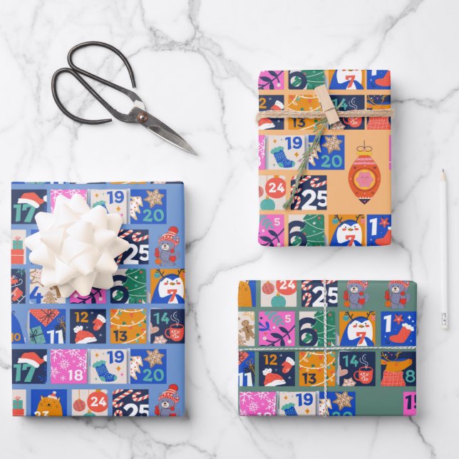 ADVENT CALENDAR Scandinavian Folk Art Hygge 3 col Wrapping Paper Sheet (Front)