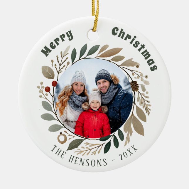 Advent Wreath Foliage Merry Christmas Family Photo Ceramic Ornament (Front)