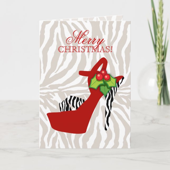 Advent Xmas High Heel Shoe Zebra Red Holiday Card (Front)