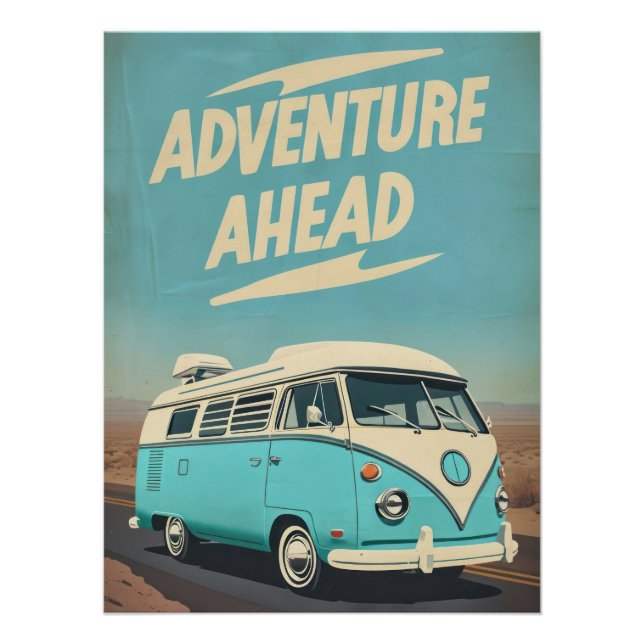 "Adventure Ahead" Vintage VW Bus Road Trip Poster (Front)