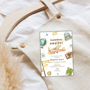 Adventure Around The World Aeroplane Baby Shower Invitation