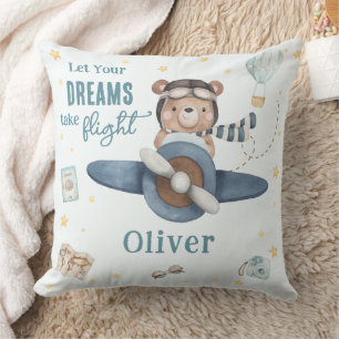 Adventure Aviation Cute Bear Blue Plane  Cushion