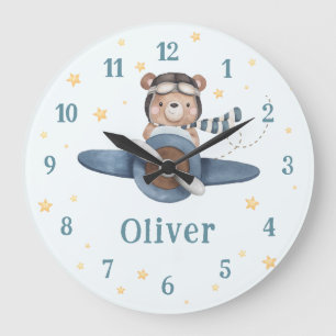 Adventure Aviation Cute Bear Blue Plane  Large Clock