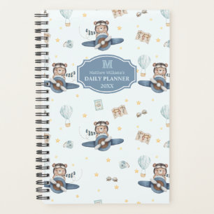 Adventure Aviation Cute Bear Blue Plane Monogram Planner
