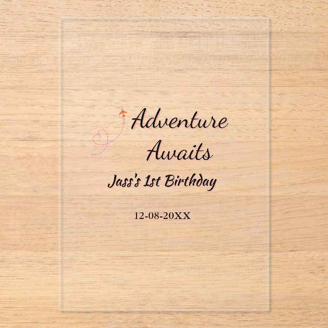 Adventure awaits 1st birthday name date planeretro acrylic invitations (Front)