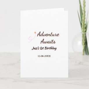Adventure awaits 1st birthday name date planeretro card