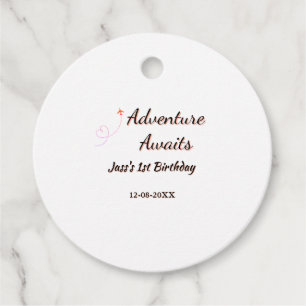 Adventure awaits 1st birthday name date planeretro favour tags