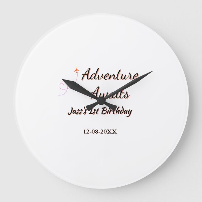 Adventure awaits 1st birthday name date planeretro large clock (Front)
