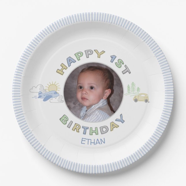 Adventure Awaits 1st Birthday Photo Personalised Paper Plate (Front)