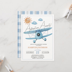 Adventure Awaits Aeroplane Baby Shower Boy Invitation
