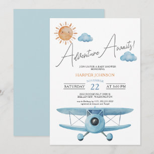 Adventure Awaits Aeroplane Boy Baby Shower Invitation