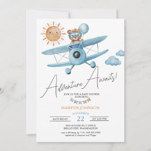 Adventure Awaits Aeroplane Teddy Bear Baby Shower  Invitation