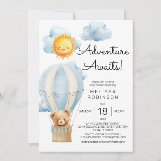 Adventure Awaits Air Balloon Boy Baby Shower Invitation