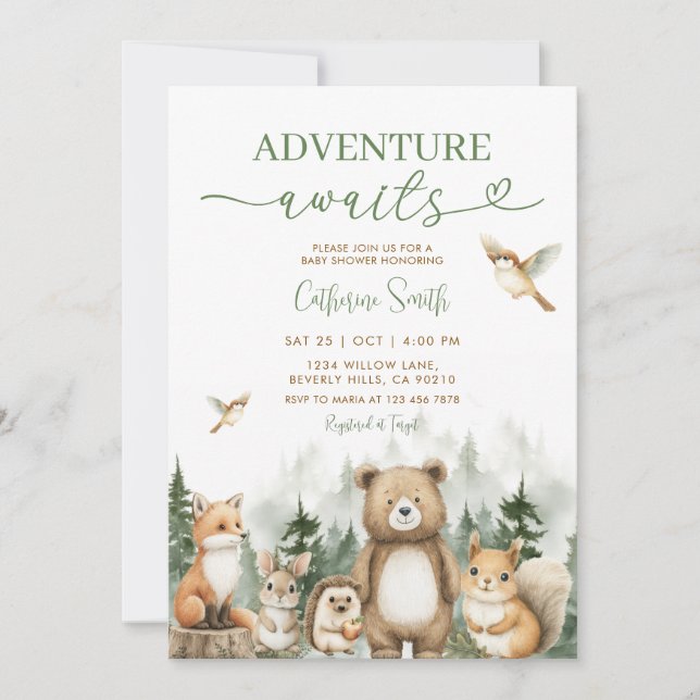 Adventure Awaits Animal Woodland Tree Baby Shower Invitation (Front)
