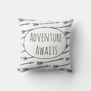 Adventure Awaits Arrow Pattern Black White Cushion