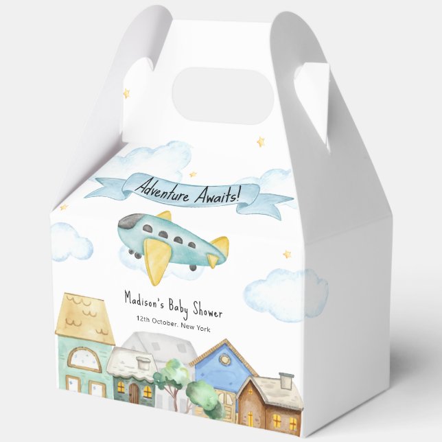 Adventure Awaits Aviator Airplane Baby Shower  Favour Box (Front)