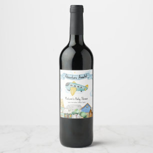Adventure Awaits Aviator Airplane Baby Shower Wine Label