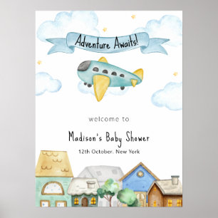 Adventure Awaits Aviator City Baby Shower Welcome Poster