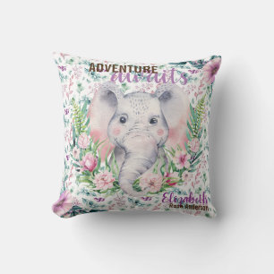 Adventure Awaits Baby Elephant Purple Floral Named Cushion