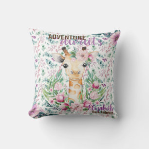 Adventure Awaits Baby GIRAFFE Purple Floral Named Cushion