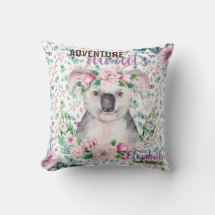 Adventure Awaits Baby KOALA BEAR Purple Floral Cushion