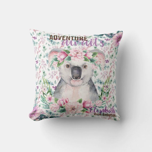 Adventure Awaits Baby KOALA BEAR Purple Floral Cushion (Front)