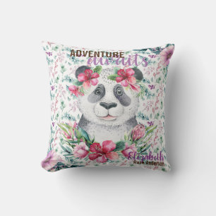 Adventure Awaits Baby PANDA BEAR Purple Floral Cushion