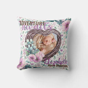 Adventure Awaits Baby Photo Birth Stats New Born Cushion