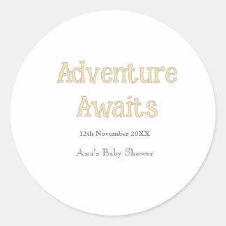 Adventure awaits baby shower add name date pastel classic round sticker