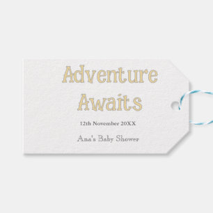 Adventure awaits baby shower add name date pastel gift tags