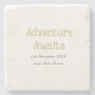Adventure awaits baby shower add name date pastel stone coaster