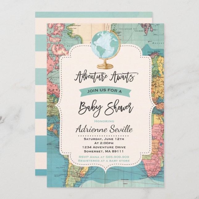 Adventure Awaits Baby Shower Invitation Map Shower (Front/Back)