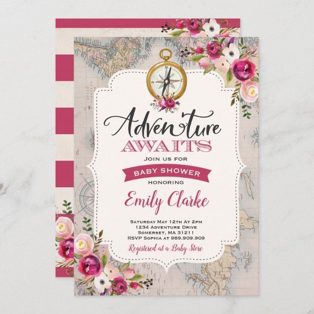 Adventure Awaits Baby Shower Invitation Map Shower (Front/Back)