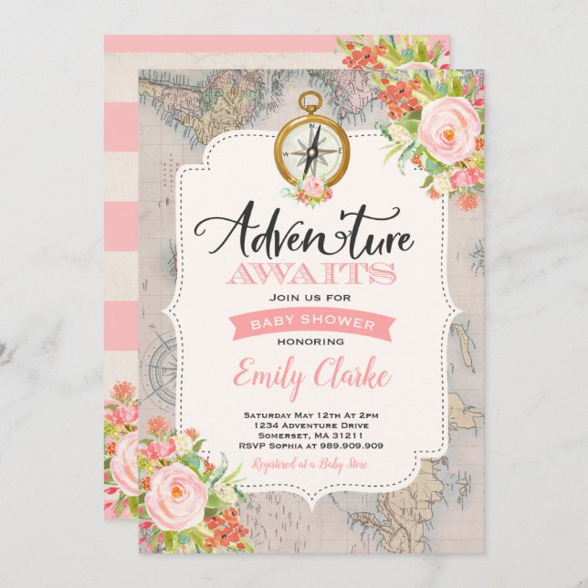 Adventure Awaits Baby Shower Invitation Map Shower (Front/Back)